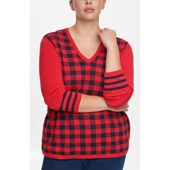 ‎Tommy Hilfiger Cotton Sweater Top 2X Red Black - Picture 8 of 9